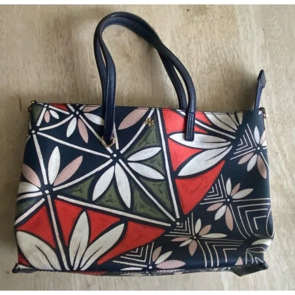 TORY BURCH Kerrington Printed Tote Floral Pebbled Leather Bag Black Red Green